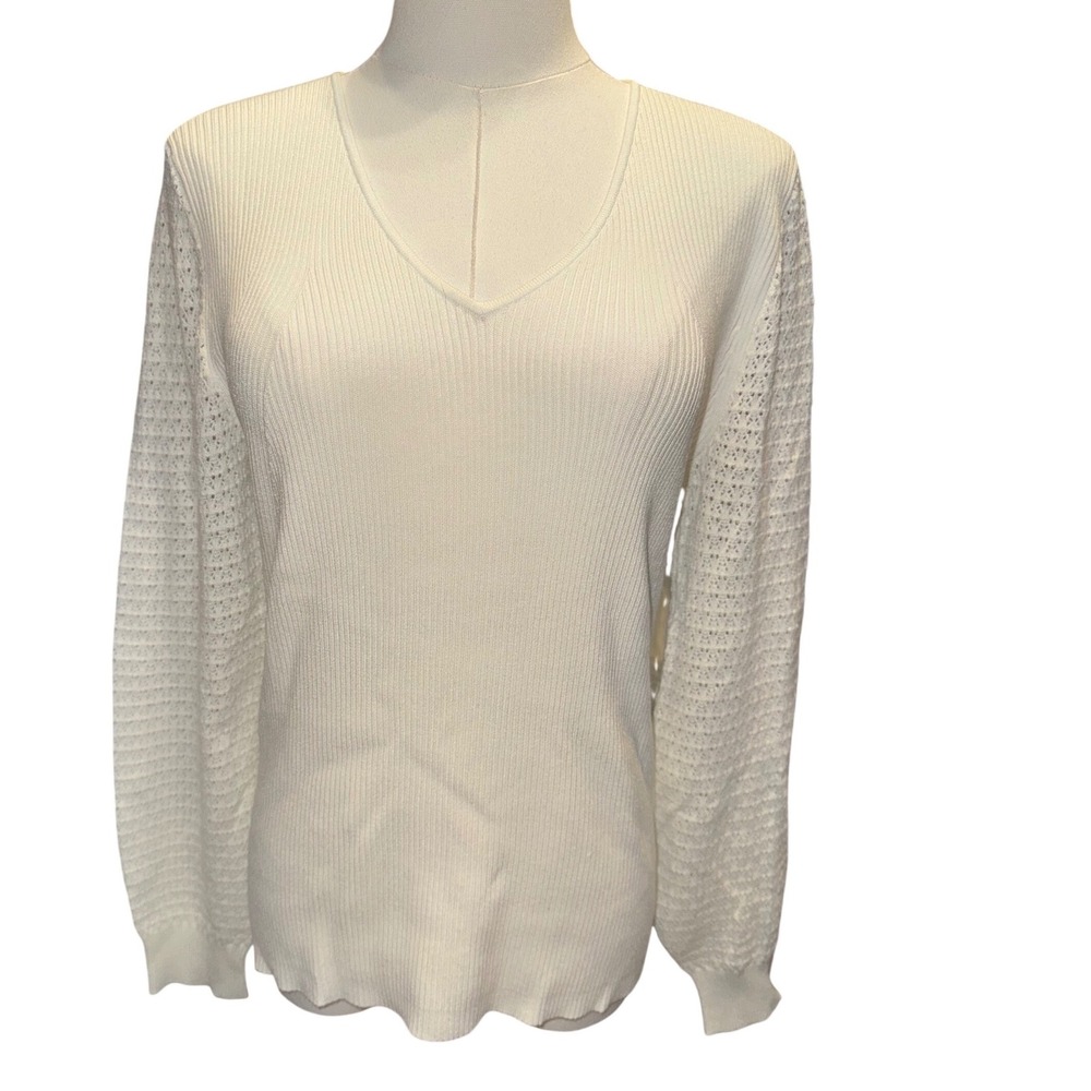 Talbots Petite Cream Ribbed V-Neck Sweater with Textured Knit Sleeves LP